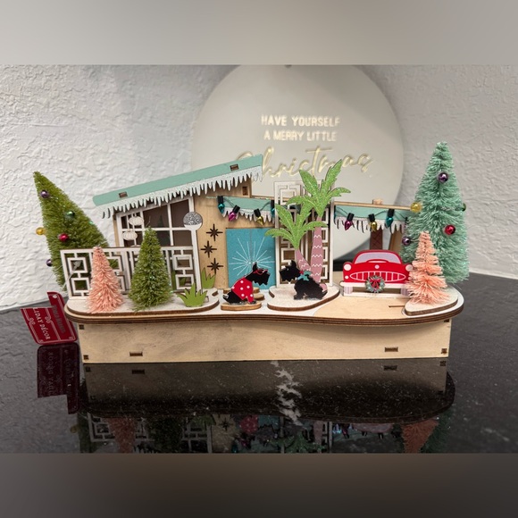 World Market Laser Cut Wood MCM House LED Scottie Dogs Christmas Carport NEW HTF